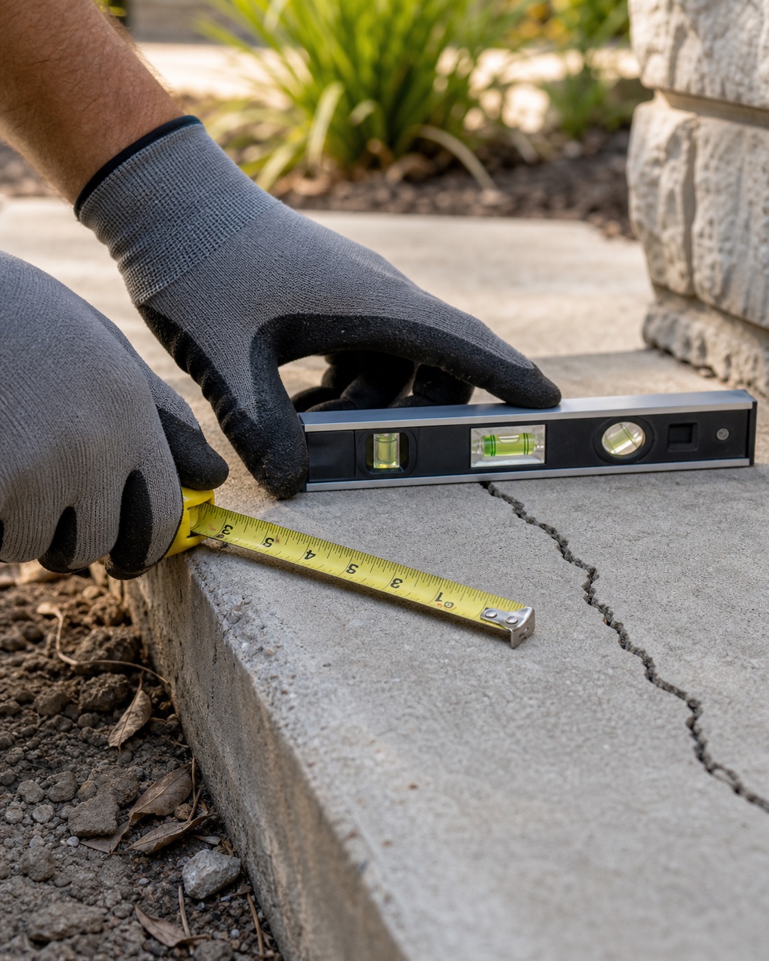 Concrete slab crack being measured